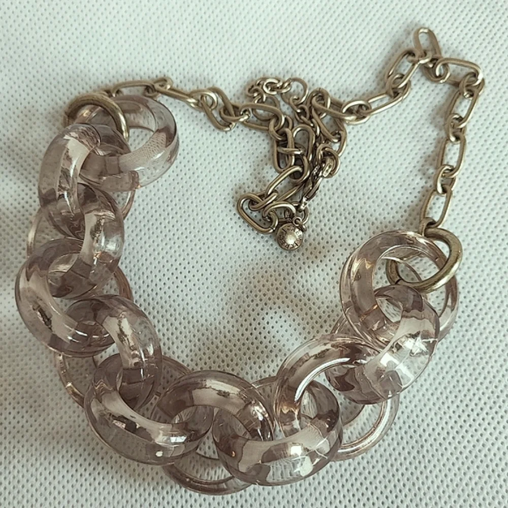 J. CREW Brand Transparent Taupe Lucite Link Wet Looking Brass Tone Necklace EUC